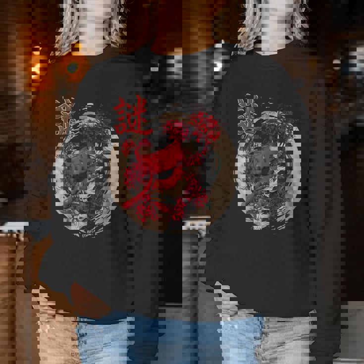 Redpider Lily の 彼岸花 または ヒガンバナ と 日本の天狗の面 の グラフィック レディーススウェットシャツ 面白い贈り物