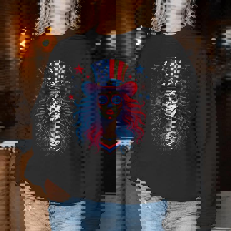 Sugar Skull 4Th Of July American Flag Skeleton Women Women Sweatshirt Unique Gifts