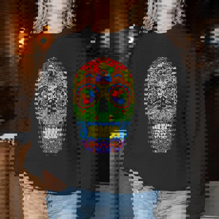 Sugarkull Lgbt Gay Pride Rainbow Flag Day Of The Dead レディーススウェットシャツ 面白い贈り物