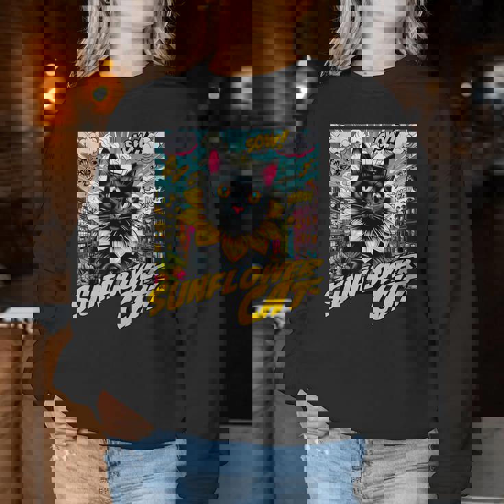 Sunflower Cat 黒猫 ひまわり 向日葵 アメコミ ネタアイテム レディーススウェットシャツ 面白い贈り物