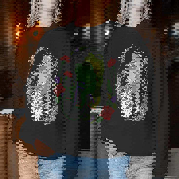 かわいい カエル 自転車 花 カワイイ 美的 気まぐれなロマンチック レディーススウェットシャツ 面白い贈り物