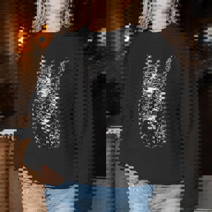 エレキギターを弾くロックキャット デザイン 男性 女性 レディーススウェットシャツ 面白い贈り物