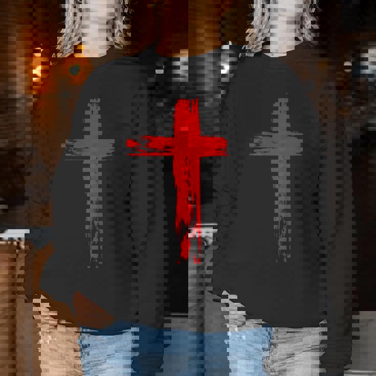 タトゥーレッドクロスオーダー I Christian I Brushtroke I Cross レディーススウェットシャツ 面白い贈り物