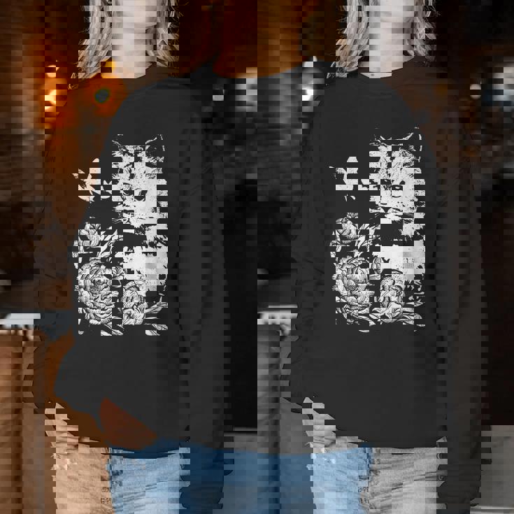 バラと蝶の猫、花柄 レディーススウェットシャツ 面白い贈り物