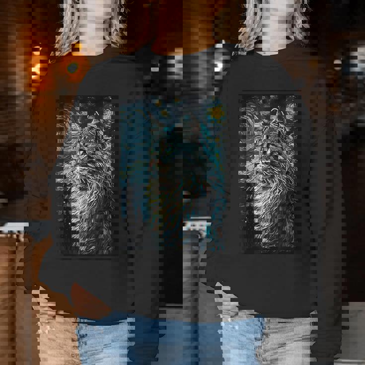 メインクーン 猫 ゴッホ 星月夜 猫好き 猫 お母さん お父さん レディーススウェットシャツ 面白い贈り物