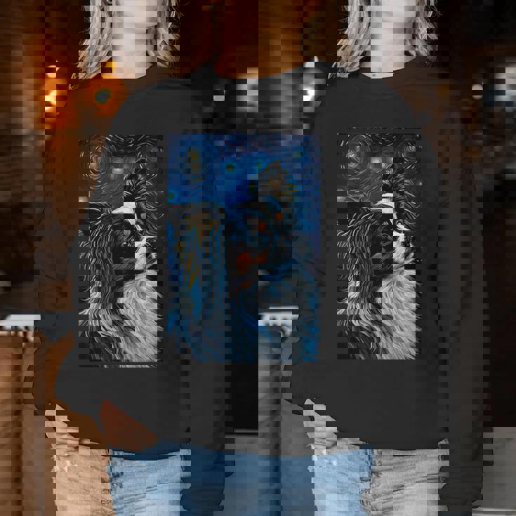 星月夜のパピヨン 絵画 犬 お母さん お父さん レディーススウェットシャツ 面白い贈り物