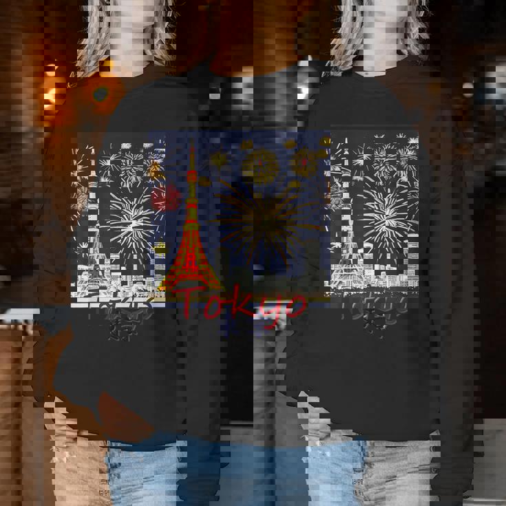 東京 東京タワーと花火大会 日本 漢字 By Kana Kanjin レディーススウェットシャツ 面白い贈り物