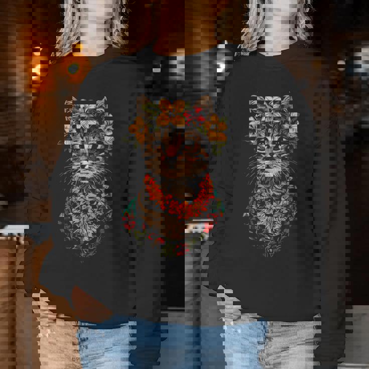 猫 ハワイアン 花 フラ ハイビスカス 面白い かわいい ハワイ レディーススウェットシャツ 面白い贈り物