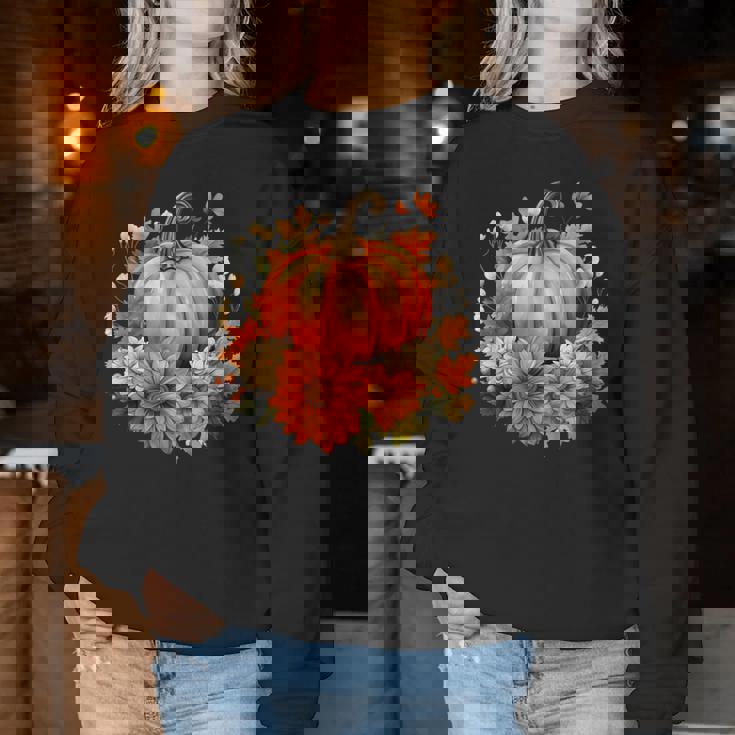 秋の花とカボチャ レディーススウェットシャツ 面白い贈り物