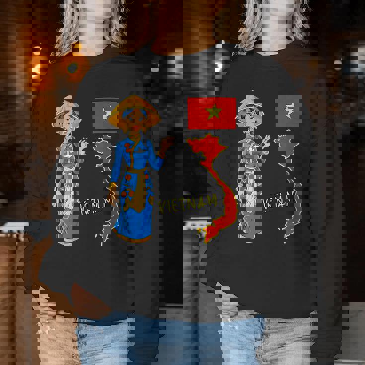 美しい笑顔のベトナムの女の子、旗とベトナムの地図 レディーススウェットシャツ 面白い贈り物