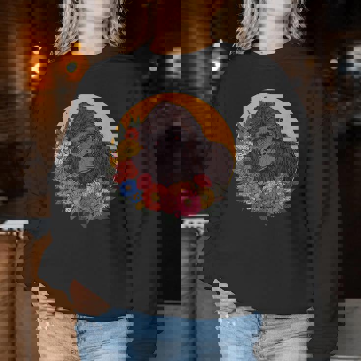 花のイラストとゴリラ レディーススウェットシャツ 面白い贈り物