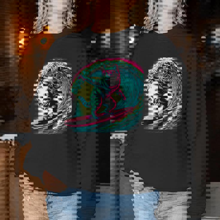 面白い猫 サーフィン ギフト 男性 女性 子供 面白い 猫 サーファー レディーススウェットシャツ 面白い贈り物