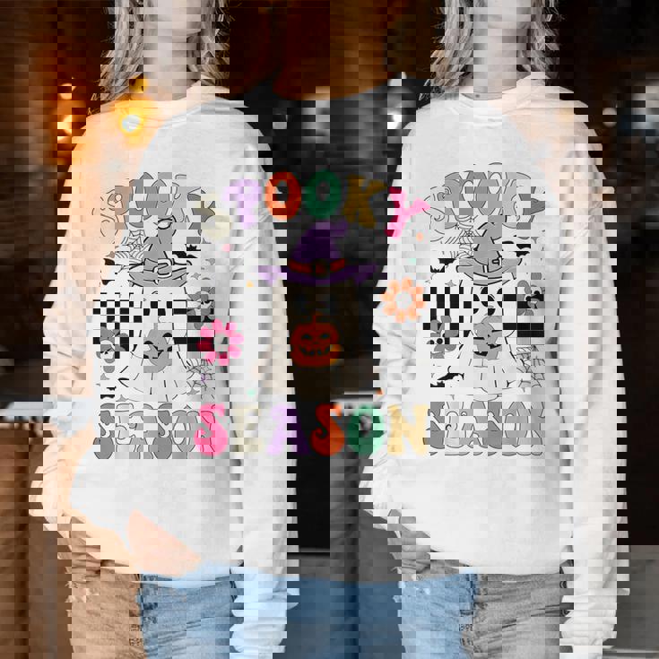 Groovypookyeason レトロ ゴースト 持株 パンプキン ハロウィン レディーススウェットシャツ 面白い贈り物