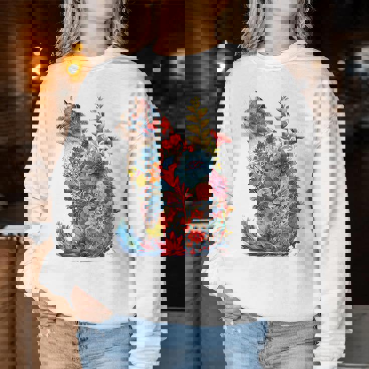 カラフル 花 猫 レディーススウェットシャツ 面白い贈り物