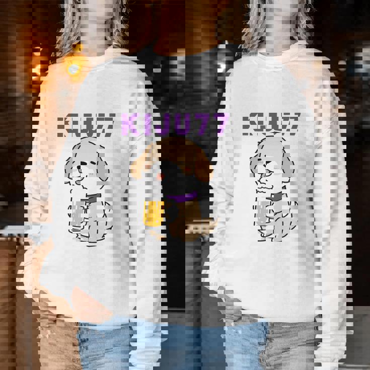 喜寿祝い ビール好き 酒好き 犬好き 父 母 男性 女性 77歳お祝い かわいい おもしろ 長袖tシャツ レディーススウェットシャツ 面白い贈り物