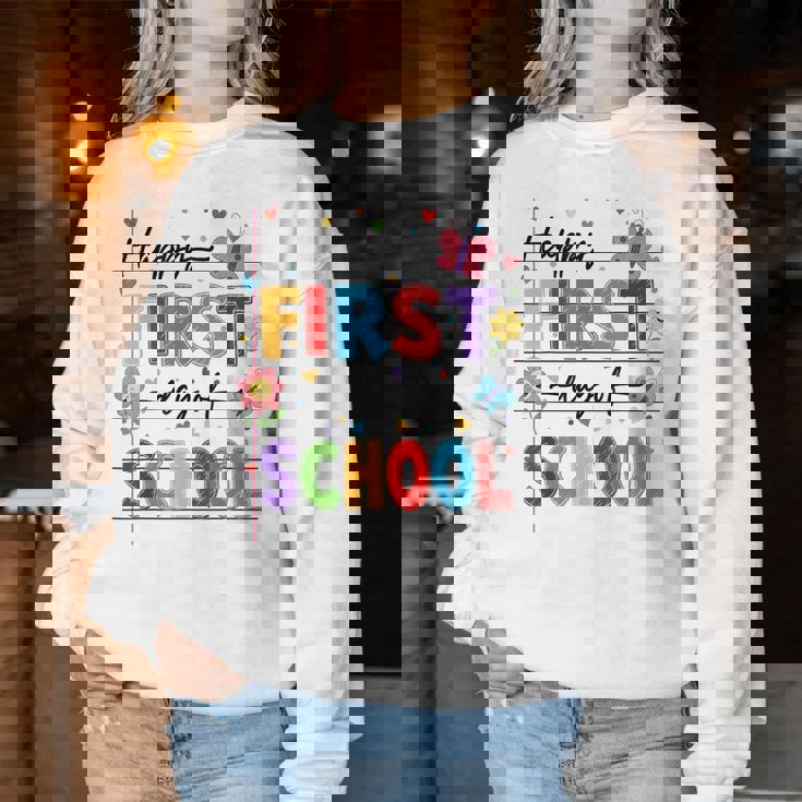 新学期 ハッピー 初日 学校 男の子 女の子 先生 レディーススウェットシャツ 面白い贈り物