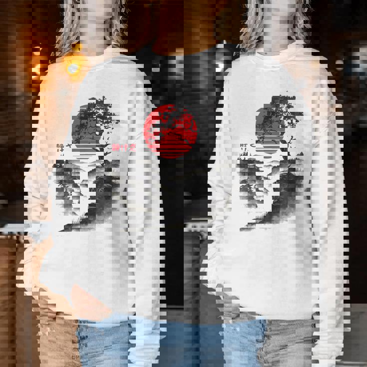 日本の木 赤い月 絵画 日本 夕日 男性 女性 レディーススウェットシャツ 面白い贈り物