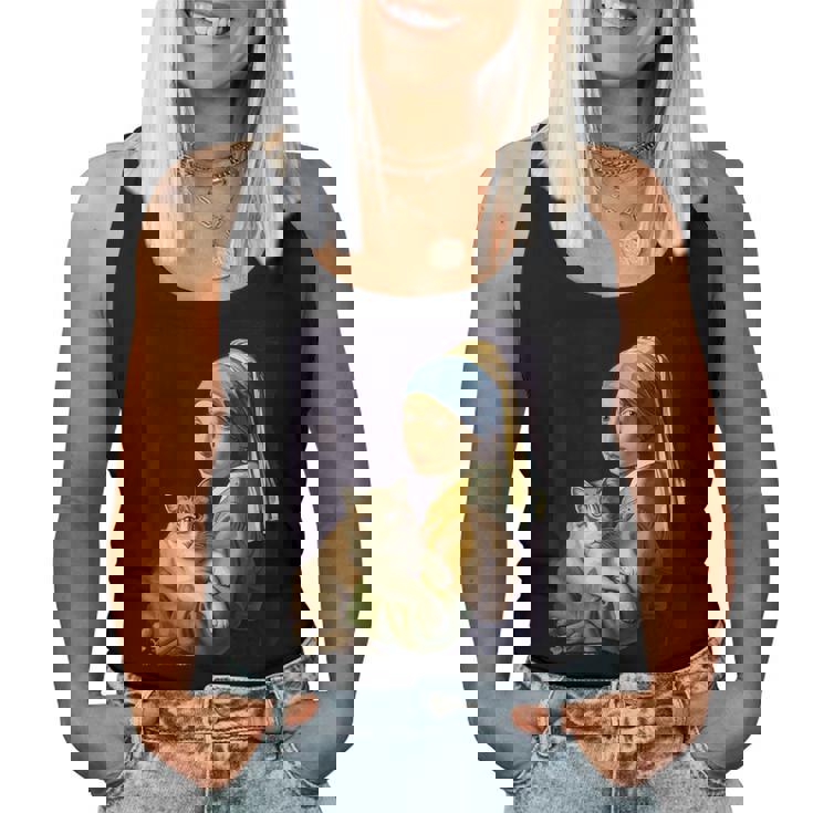 Girl With A Pearl Earring And A Cat 名画パロディ アート猫 レディースタンクトップ