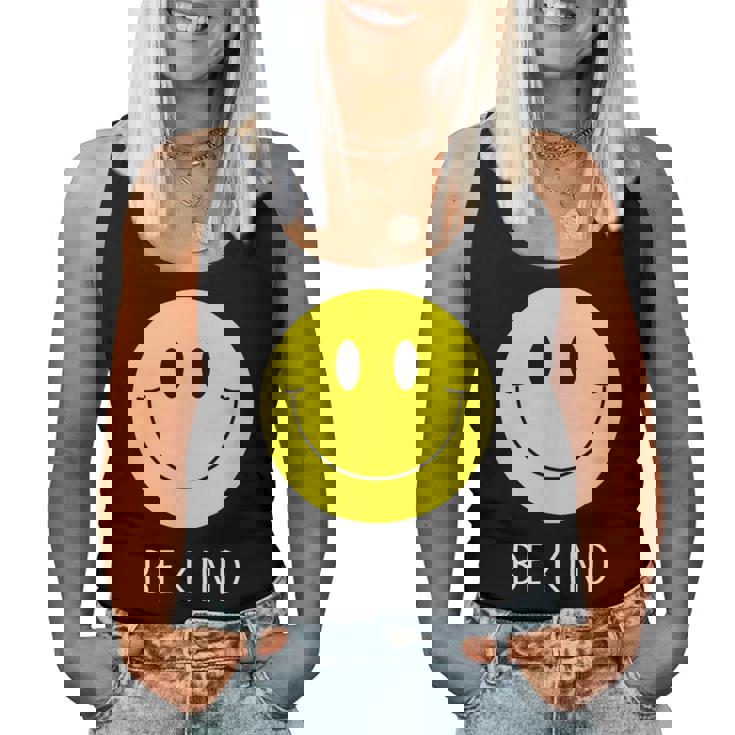 Be Kind かわいい イエロー スマイル フェイス シャツ スマイル フェイス ハピネス レディースタンクトップ