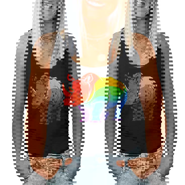 Lgbt 力強い虹色のサイ Rainbow Rhinoceros Graphic レディースタンクトップ