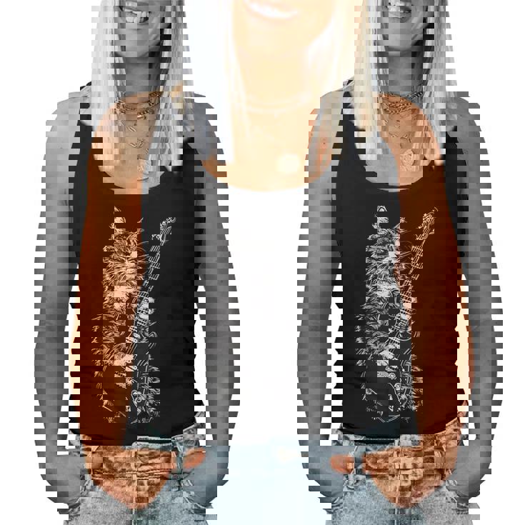 エレキギターを弾くロックキャット デザイン 男性 女性 レディースタンクトップ