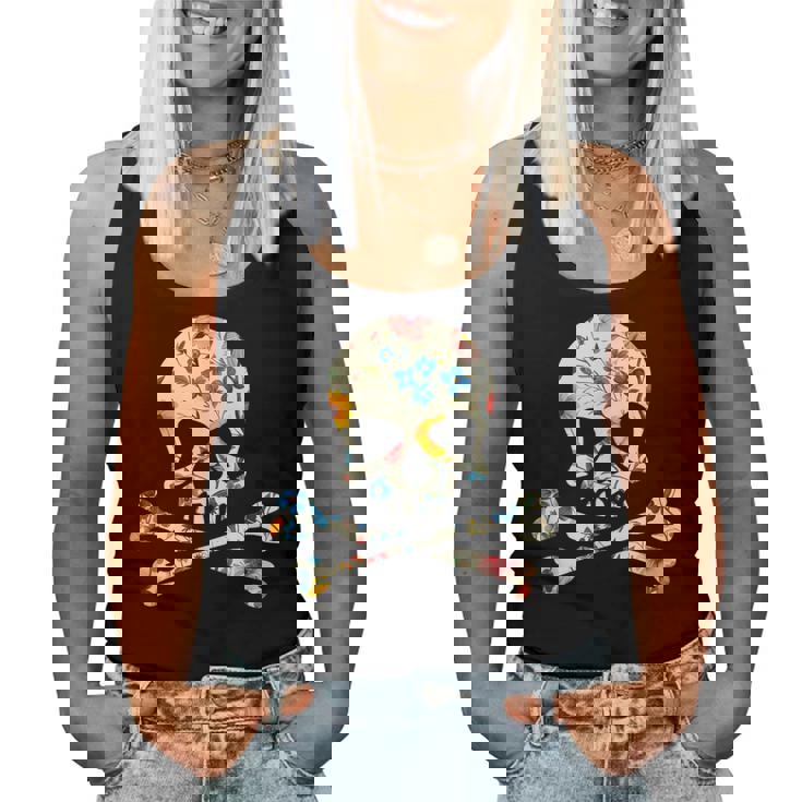 ジョリー・ロジャーのシルエット 花柄 スカル＆クロスボーン レディースタンクトップ