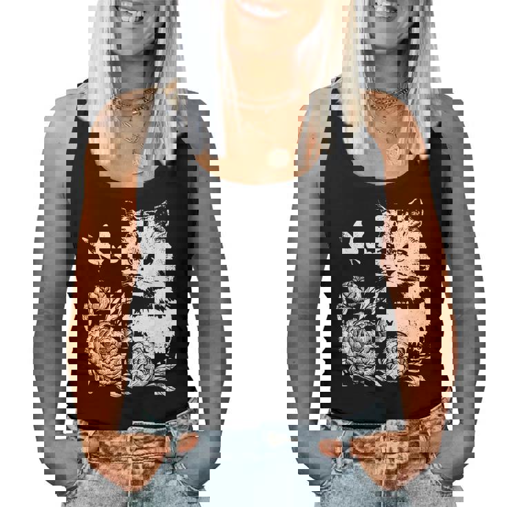 バラと蝶の猫、花柄 レディースタンクトップ