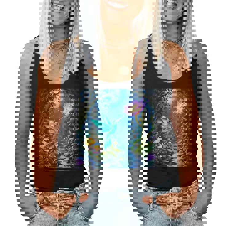 ファンタジー グリーン 鳥 花 レディースタンクトップ