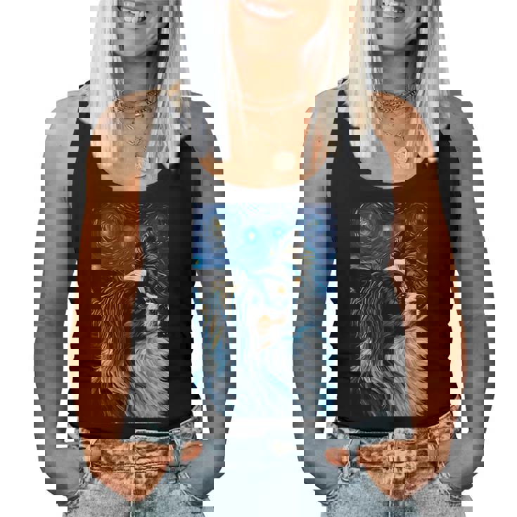 星月夜のパピヨン 絵画 犬 お母さん お父さん レディースタンクトップ