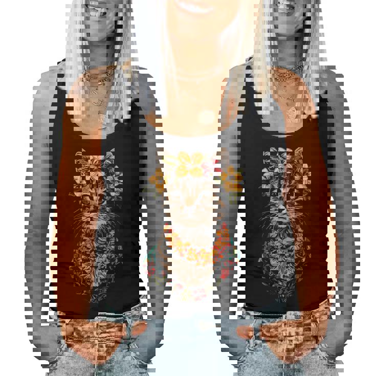 猫 ハワイアン 花 フラ ハイビスカス 面白い かわいい ハワイ レディースタンクトップ