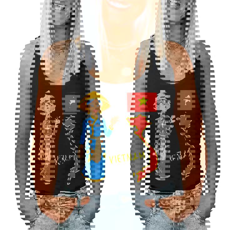 美しい笑顔のベトナムの女の子、旗とベトナムの地図 レディースタンクトップ