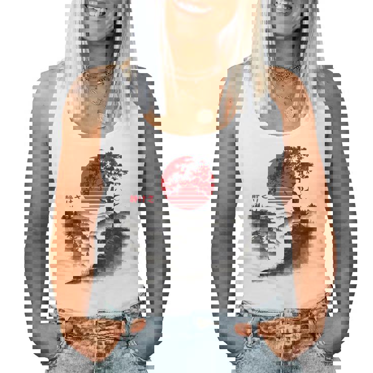 日本の木 赤い月 絵画 日本 夕日 男性 女性 レディースタンクトップ