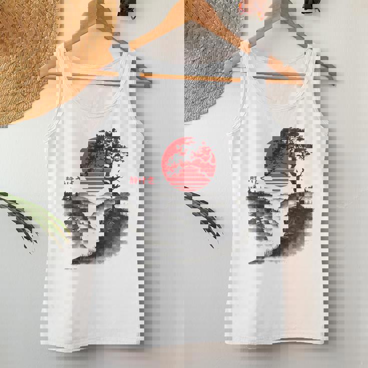 日本の木 赤い月 絵画 日本 夕日 男性 女性 レディースタンクトップ 面白い贈り物