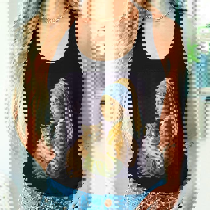 Girl With A Pearl Earring And A Cat 名画パロディ アート猫 レディースタンクトップ 彼女への贈り物