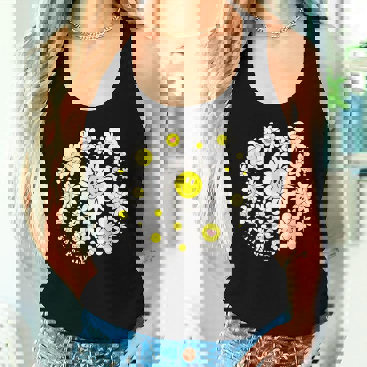 Stay Positive キュート スマイルフェイス 花 ハッピーフェイス 花 女の子 レディースタンクトップ 彼女への贈り物