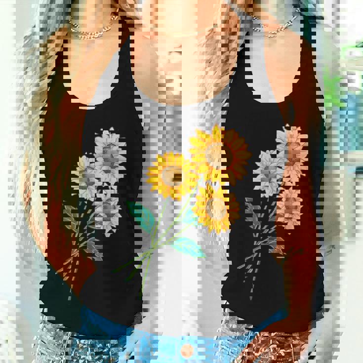 ひまわりの花束 春のフローラルガーデン 黄色の花 レディースタンクトップ 彼女への贈り物