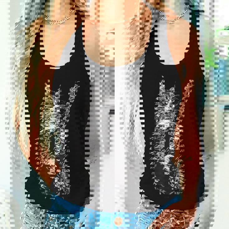 エレキギターを弾くロックキャット デザイン 男性 女性 レディースタンクトップ 彼女への贈り物