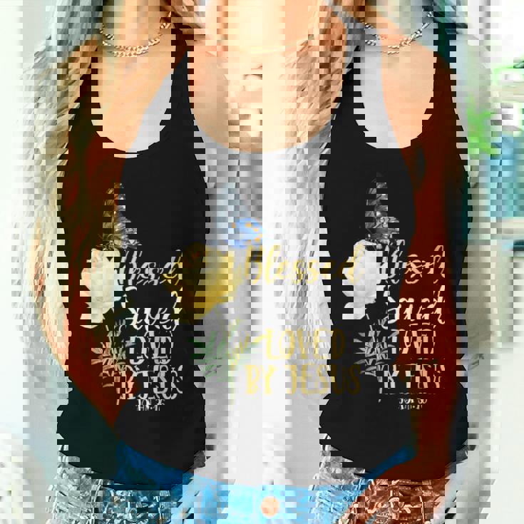 キリスト教聖書の言葉 蝶 バラの花 ヨハネ3 レディースタンクトップ 彼女への贈り物