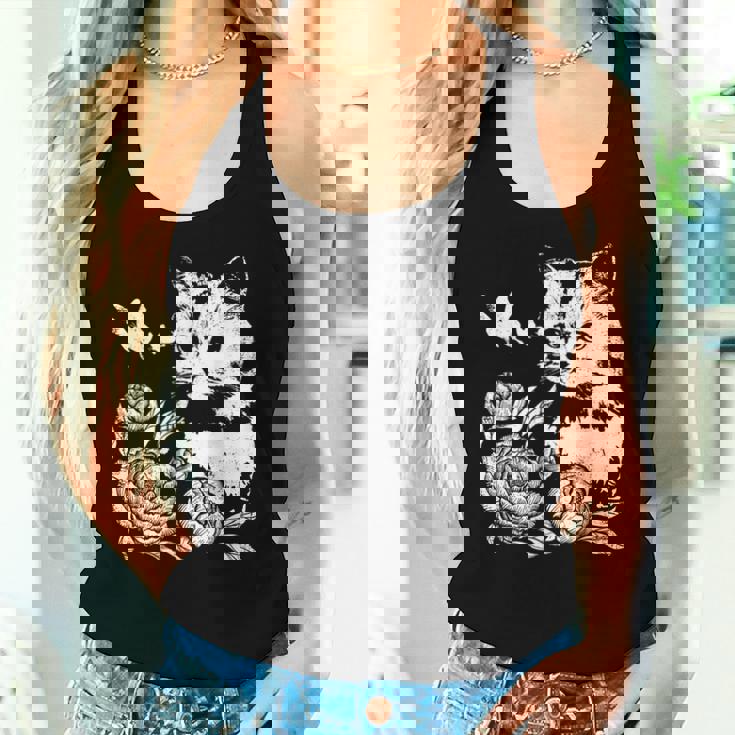 バラと蝶の猫、花柄 レディースタンクトップ 彼女への贈り物