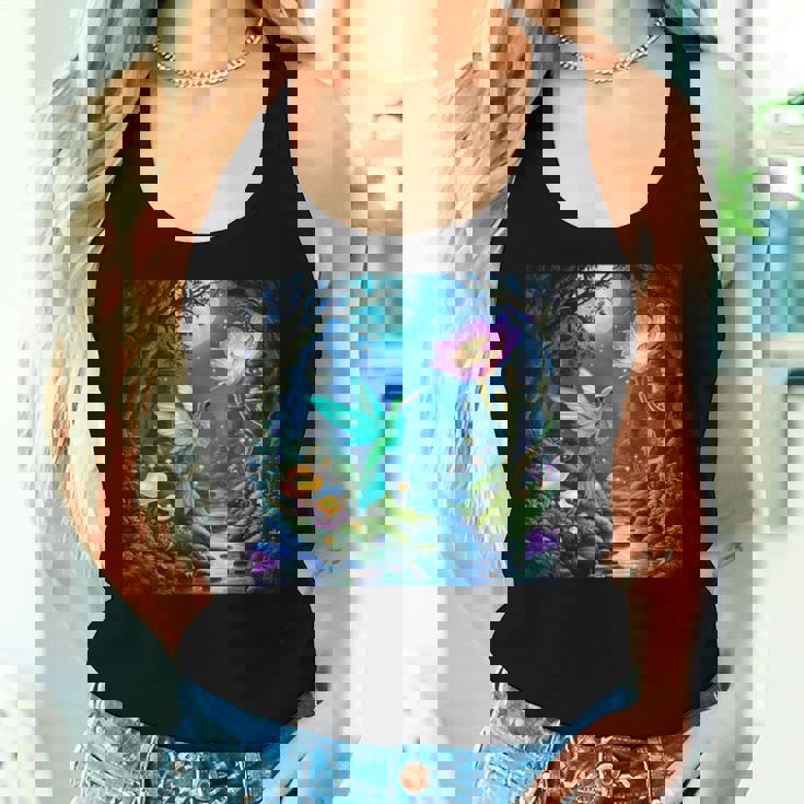 ファンタジー グリーン 鳥 花 レディースタンクトップ 彼女への贈り物