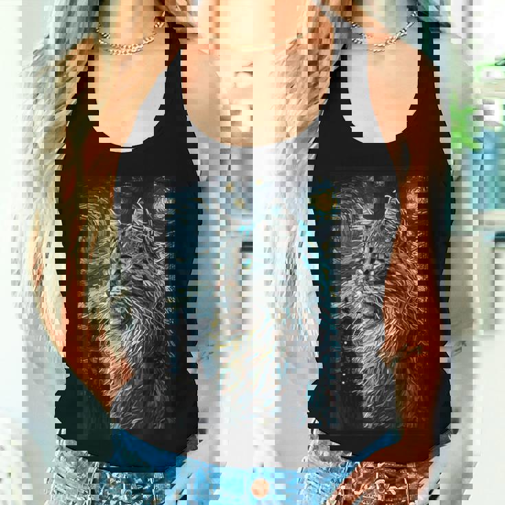 メインクーン 猫 ゴッホ 星月夜 猫好き 猫 お母さん お父さん レディースタンクトップ 彼女への贈り物