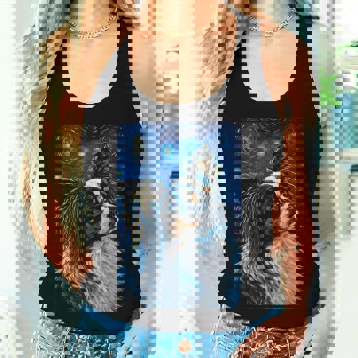 星月夜のパピヨン 絵画 犬 お母さん お父さん レディースタンクトップ 彼女への贈り物