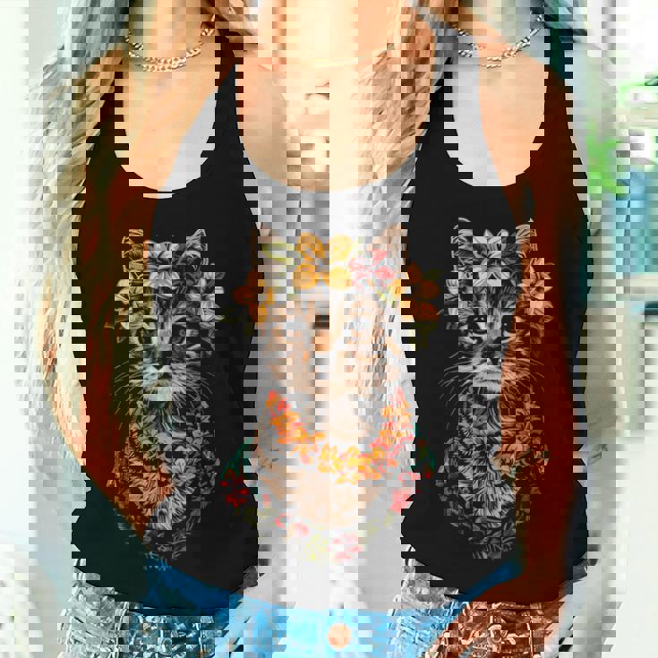 猫 ハワイアン 花 フラ ハイビスカス 面白い かわいい ハワイ レディースタンクトップ 彼女への贈り物