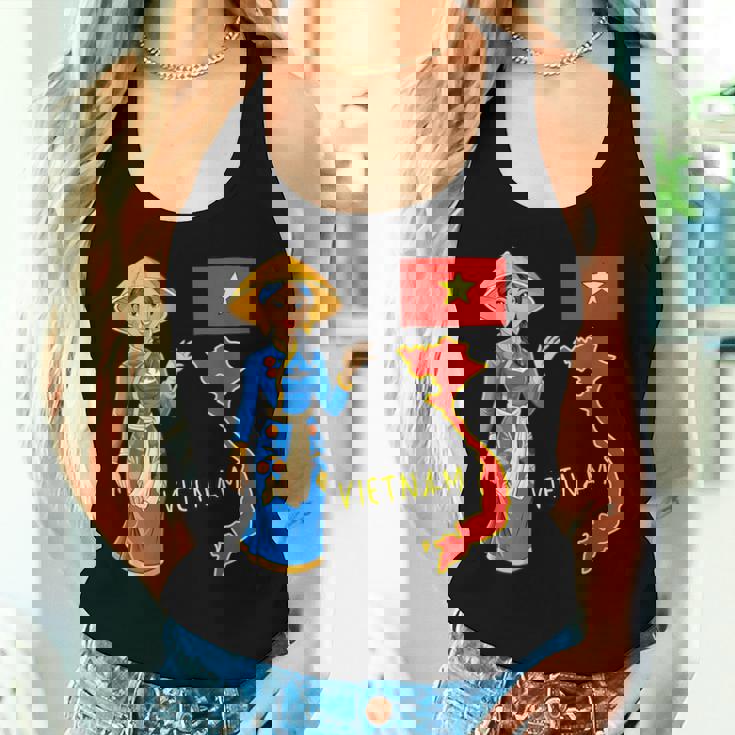 美しい笑顔のベトナムの女の子、旗とベトナムの地図 レディースタンクトップ 彼女への贈り物