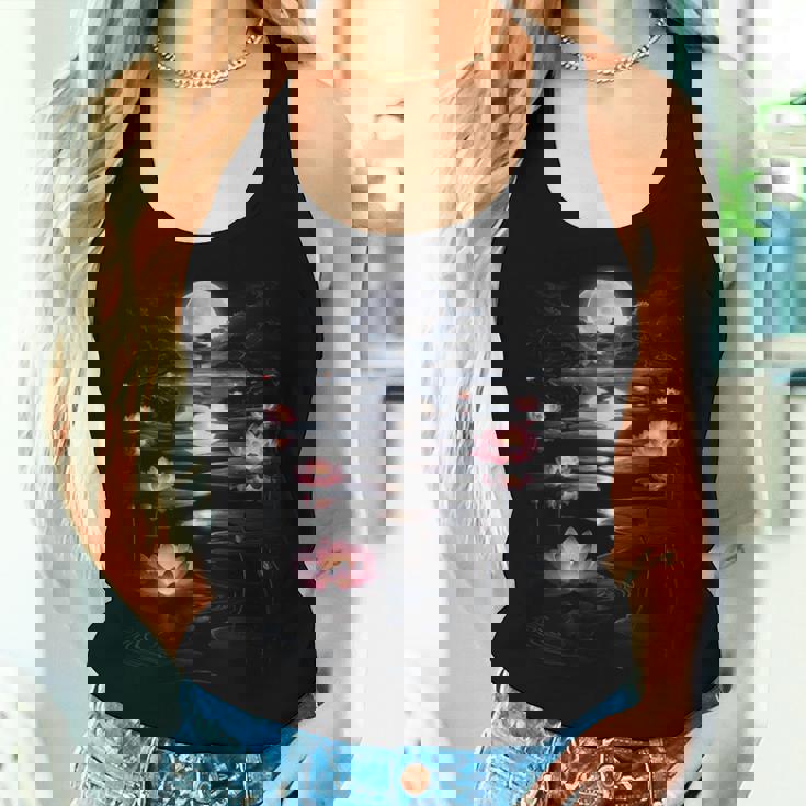 蓮の花 日本の月 反射 自然 恋人 デザイン レディースタンクトップ 彼女への贈り物