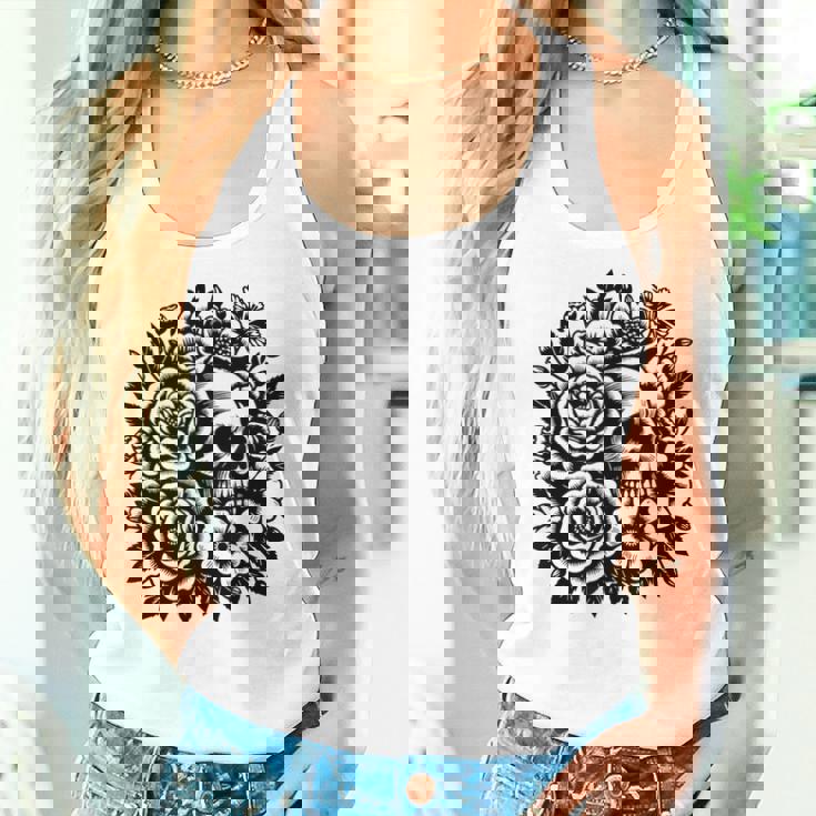 Skull Flower Rad Rock N Roll Graphic Retro レディースタンクトップ 彼女への贈り物