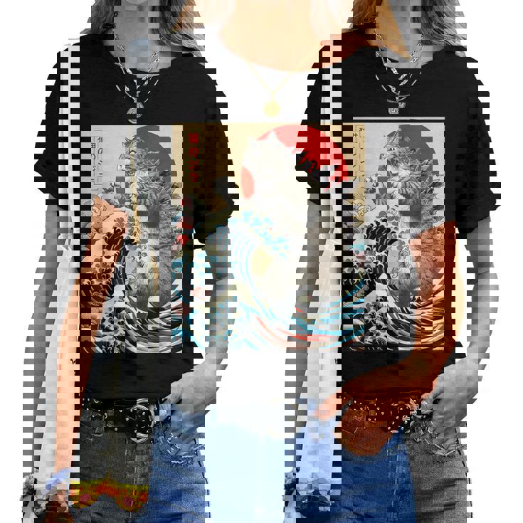 Catzilla Cat 日本アート 面白い猫 ギフト 男性 女性 子供 レディースTシャツ