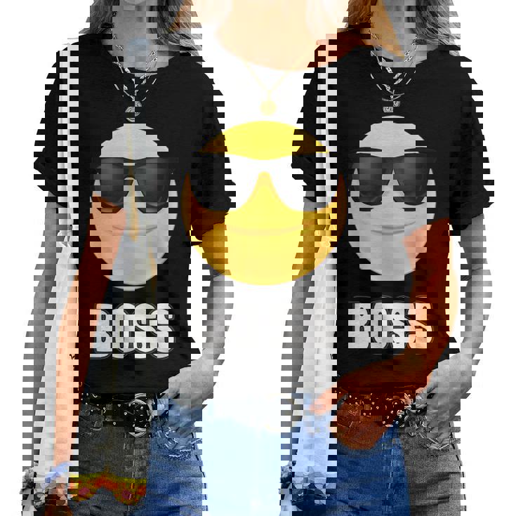 Girl & Boy Boss サングラス 顔文字シャツ クールな顔 レディースTシャツ
