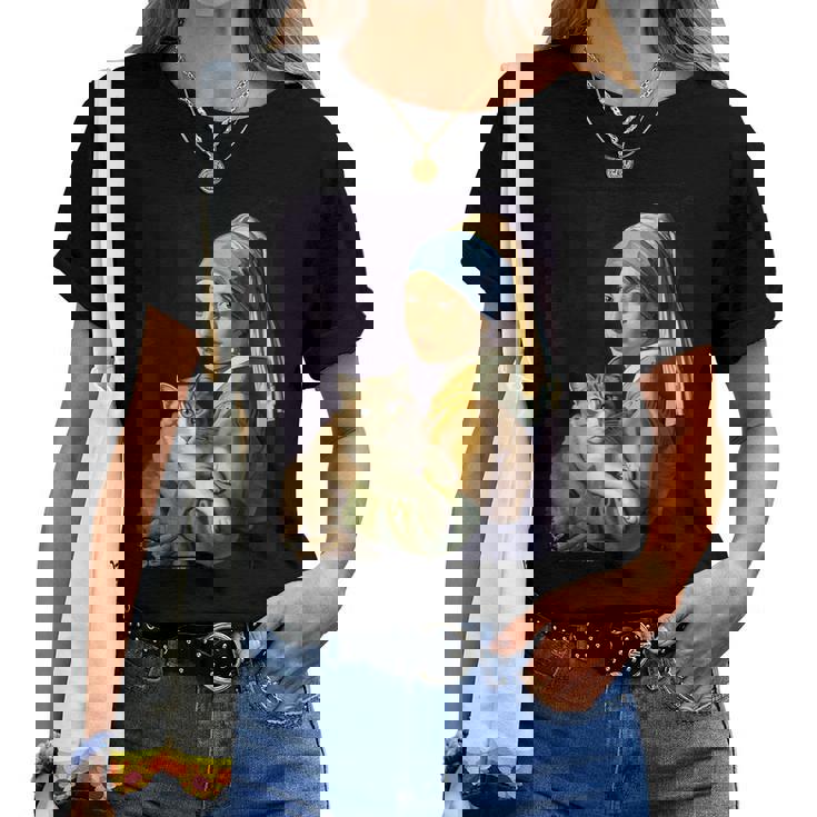 Girl With A Pearl Earring And A Cat 名画パロディ アート猫 レディースTシャツ