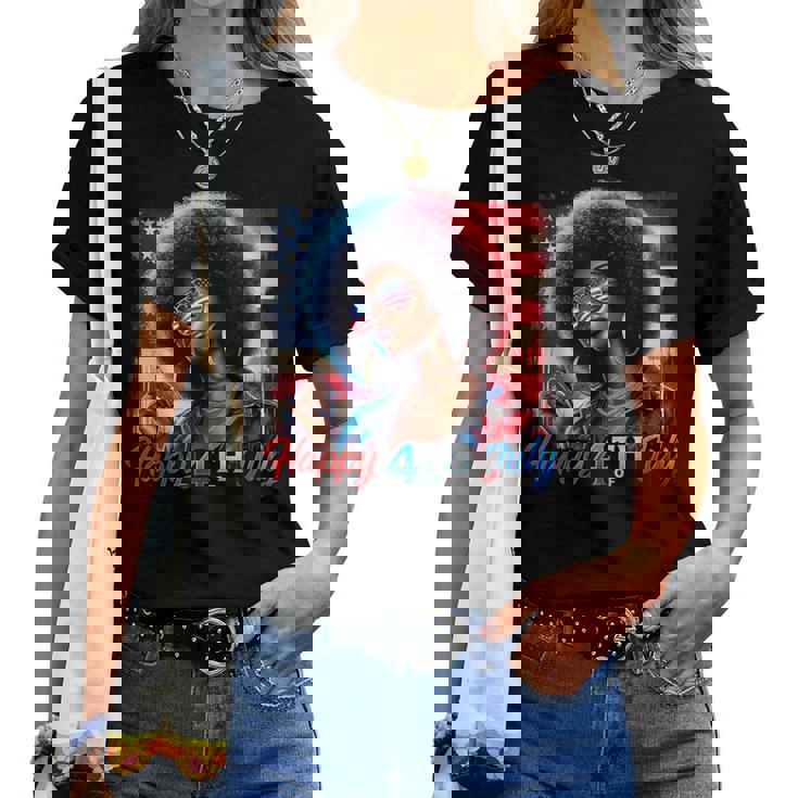 Happy 4Th Of July Black Girl Us Flag Melanin Afro African Women T-shirt